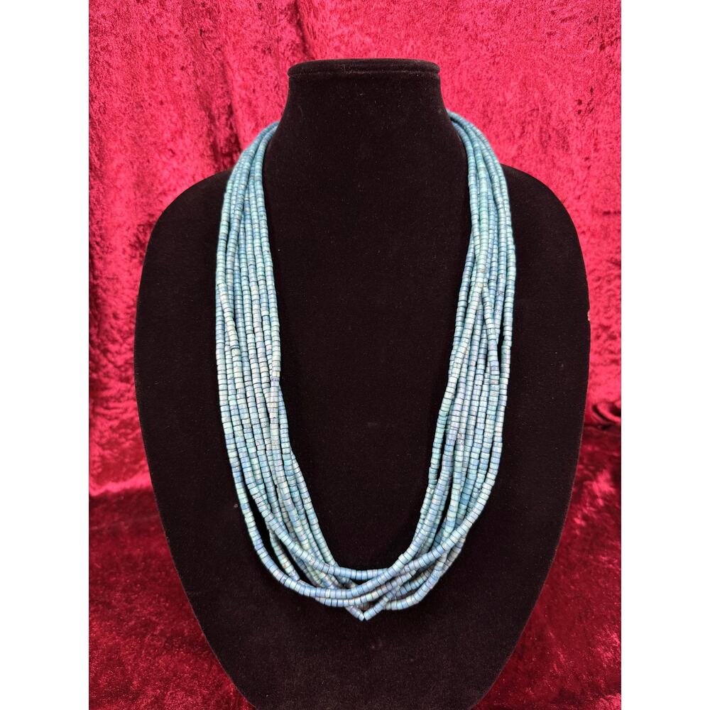 Vintage Puka Shell Necklace Eight Strand Turquoise Tone Layered Boho Chic Collar